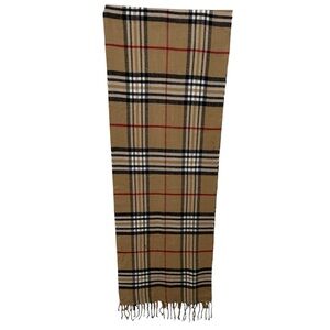 Tan Burberry like print 100% Cashmere Plaid Scarf with Fringe